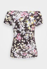 Halenka s květinovým vzorem a krátkým rukávem, černé pozadí, s růžovými, bílými a žlutými květinami po celé ploše. Lehká tkanina, přiléhavý střih.