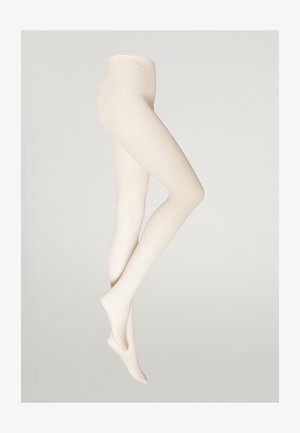 Collants opaques de couleur crème avec une texture côtelée, une finition lisse et une taille haute. Aucun motif visible ni matériel.