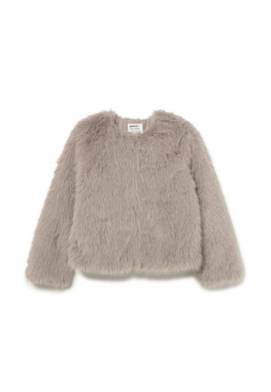 Veste en fausse fourrure gris clair à manches longues avec col rond et étiquette intérieure visible, posée à plat sur fond blanc.