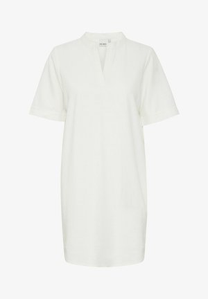 Balta lina kleita ar mandarina apkakli, īsām piedurknēm un brīvu piegriezumu. Audumam ir gluda, teksturēta izskats.