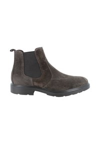 Stivali Chelsea in suede marrone con pannelli elastici laterali, punta arrotondata e suola in gomma testurizzata, dotati di una linguetta sul retro.
