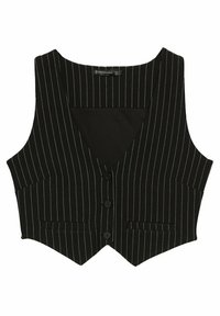 Schwarz gestreifte Weste mit V-Ausschnitt, zwei Vordertaschen und fünf Knöpfen. Das Material wirkt strukturiert und die Passform ist tailliert.