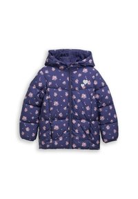 Gevoerde jas in marineblauwe stof met een bloemenpatroon in roze en wit. Voorzien van een capuchon en een rits aan de voorkant. Gequilte stijl met twee zijzakken.