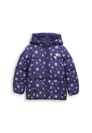 Gepolsterte Jacke aus marineblauem Stoff mit floralem Muster in Rosa und Weiß. Mit Kapuze und Frontreißverschluss ausgestattet. Gefüttertes Design mit zwei Seitentaschen.