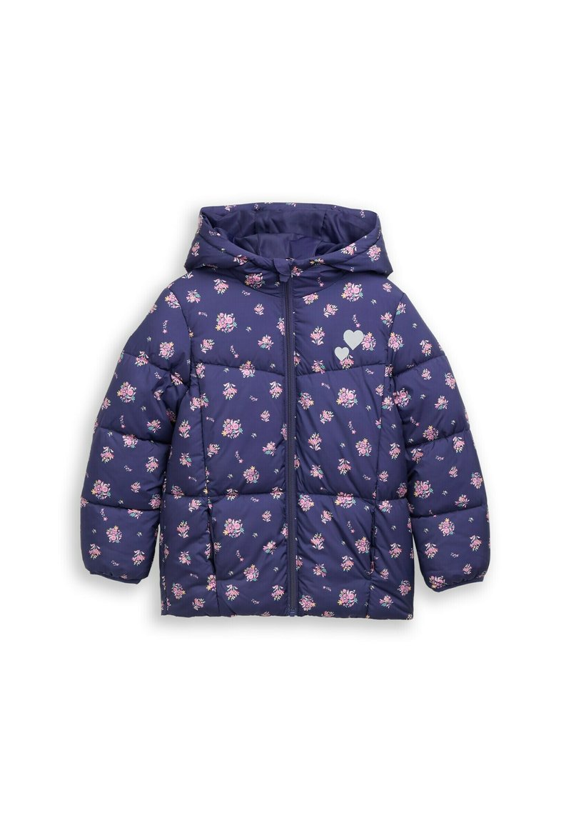Gevoerde jas in marineblauwe stof met een bloemenpatroon in roze en wit. Voorzien van een capuchon en een rits aan de voorkant. Gequilte stijl met twee zijzakken.