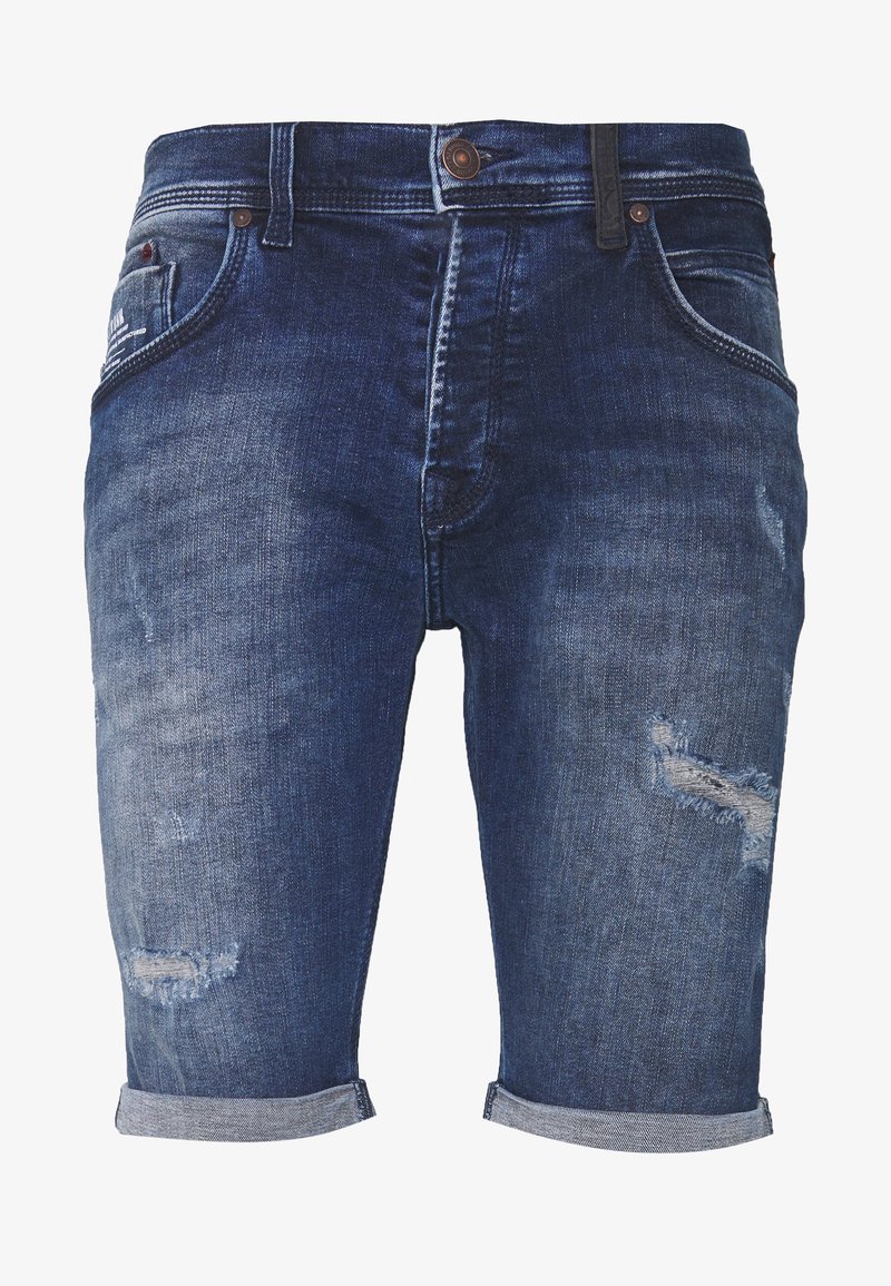 Short en denim bleu foncé avec revers roulés et zones usées sur l'avant des cuisses, avec poches avant et fermeture par bouton.