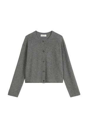 Grijze cardigan van zacht materiaal, met een ronde halslijn, lange mouwen en zes knoopsluitingen aan de voorkant, voorzien van geribde manchetten en onderrand.