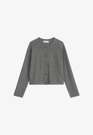 Szary kardigan wykonany z miękkiego materiału, z okrągłym dekoltem, długimi rękawami i sześcioma zapięciami na guziki z przodu, wykończony ściągaczami przy rękawach i u dołu.