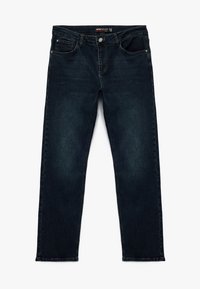 Tummansiniset suorat farkut, joissa on napitettava sulku, viisi taskua ja hieman haalistunut pinta. Valmistettu denimkankaasta.