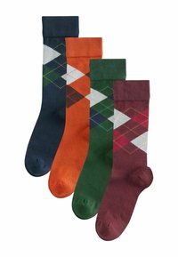 Four pairs of cotton socks: navy with a diamond pattern, orange solid, green with diamond accents, and maroon with a textured pattern.