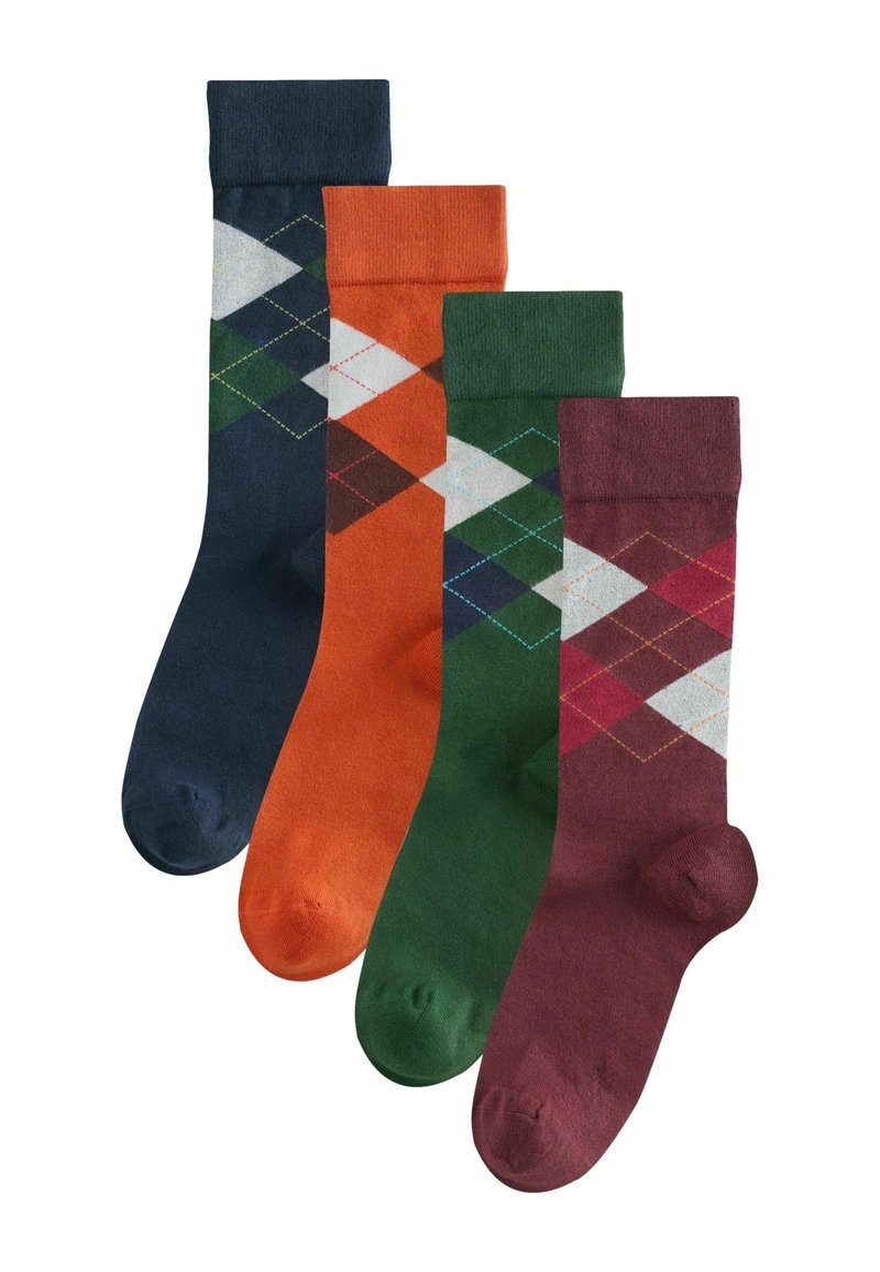 Four pairs of cotton socks: navy with a diamond pattern, orange solid, green with diamond accents, and maroon with a textured pattern.