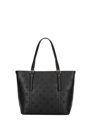 Schwarze, strukturierte Tragetasche mit dezentem, floralen Prägemuster, doppelten Schulterriemen und einer vorderen Einschubtasche mit Druckknopfverschluss.