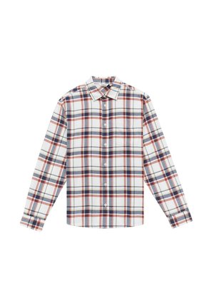 Karierter Button-Down-Hemd in Weiß, Rot, Marineblau und Grün. Lange Ärmel, Kragen und eine Brusttasche. Aus Baumwolle.