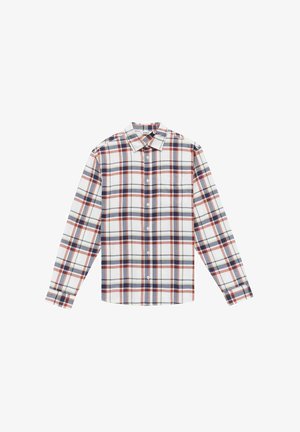 Karierter Button-Down-Hemd in Weiß, Rot, Marineblau und Grün. Lange Ärmel, Kragen und eine Brusttasche. Aus Baumwolle.