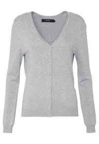 Ljusgrå cardigan, V-ringning, ribbade muddar och fåll, knäppning med knappar, tillverkad av mjukt material, med en slät yta.