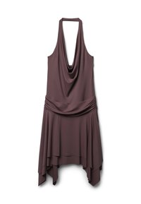 Abito senza maniche in un profondo color mauve, caratterizzato da un collo drappeggiato e una vita arricciata, che fluisce in un orlo asimmetrico con tessuti sovrapposti.