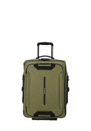 Olivgrüner Koffer mit schwarzen Akzenten, strapazierfähigem Gewebe, einem Teleskopgriff und leichtgängigen Rollen; verfügt über einen oberen und seitlichen Griff.