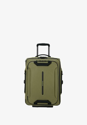 Olivgrüner Koffer mit schwarzen Akzenten, strapazierfähigem Gewebe, einem Teleskopgriff und leichtgängigen Rollen; verfügt über einen oberen und seitlichen Griff.