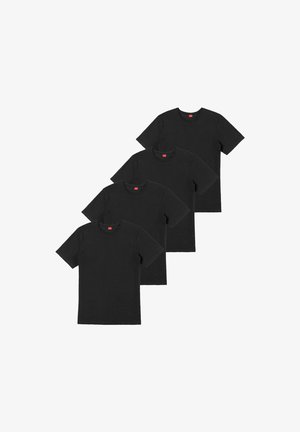 Four plain black short-sleeve crewneck t-shirts stacked diagonally with red tag on collar, plain white background.