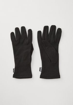 Ein Paar schwarze Stoffhandschuhe mit einem kleinen schwarz-weißen Etikett am Handgelenk, flach auf einem weißen Hintergrund präsentiert.