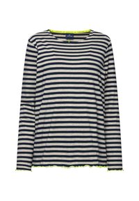 Maglietta a maniche lunghe a righe in blu navy e beige con orlo scallopato e dettagli in verde neon. Tessuto morbido con vestibilità rilassata e scollatura rotonda.