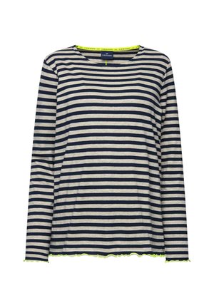 Chemise à rayures à manches longues en marine et beige avec un ourlet festonné et des accents vert fluo. Tissu doux avec une coupe décontractée et un col rond.