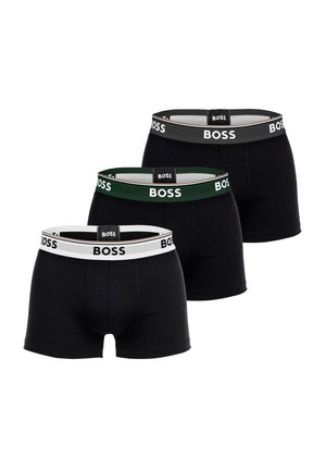 Tre sorte bokserbriefs til mænd med elastiske taljebånd i hvid, grøn og sort, alle mærket med ordet BOSS.