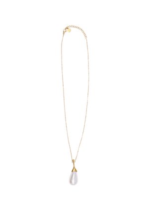 Collana in oro con pendente a forma di goccia, con una finitura bianca liscia. Il pendente è attaccato con un design elegante e minimalista.