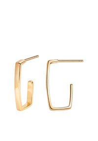 Złote kolczyki w kształcie kół z geometrycznym, otwartym kwadratowym wzorem, charakteryzujące się gładką teksturą i minimalistycznym wyglądem.