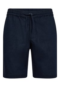 Marineblaue Leinen-Shorts mit einem elastischen Bund, verstellbarem Kordelzug und glatter Textur. Mit einem vorderen Knopf zum Schließen.