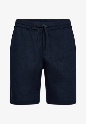 Granatowe lniane szorty z elastycznym pasem, regulowanym sznurkiem i gładką fakturą. Posiadają zapięcie na guzik z przodu.