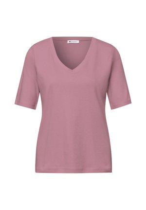 T-shirt femme mauve à manches courtes et col en V, coupe décontractée et texture lisse sur fond blanc.
