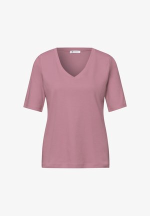 T-shirt femme mauve à manches courtes et col en V, coupe décontractée et texture lisse sur fond blanc.