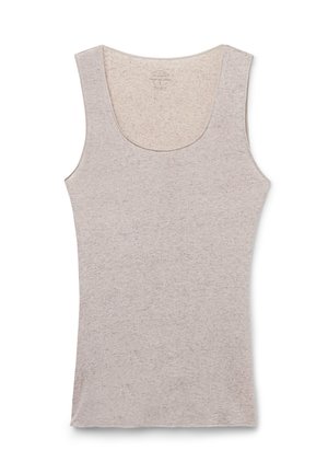Débardeur gris clair en tissu doux et texturé, avec un col rond et sans manches. Style simple et polyvalent.
