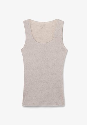 Hellgraues Tanktop aus weichem, strukturiertem Stoff mit einem runden Ausschnitt und ärmellosem Design. Schlichtes und vielseitiges Design.