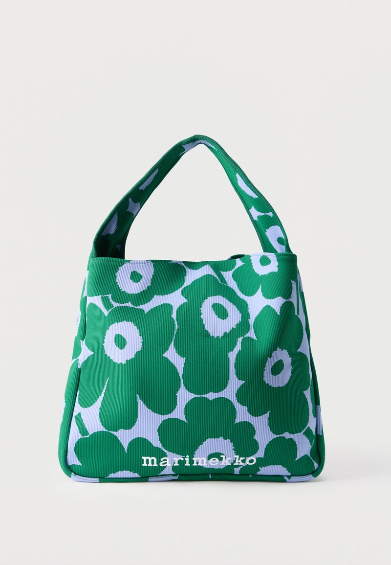 Majhna zelena in bela torbica z velikim cvetličnim vzorcem in kratkim ročajem, logotip "marimekko" na sredini sprednje strani.