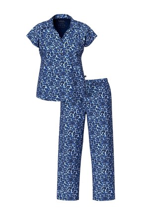 Niebieska piżama z krótkim rękawem, kołnierzykiem i nadrukiem w panterkę, z pasującymi spodniami z elastycznym paskiem w talii.