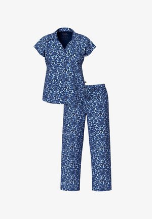 Lyhythihainen, kauluksellinen sininen leopardikuvioinen pyjamapaita ja siihen sopivat housut, joissa on joustava vyötärö.