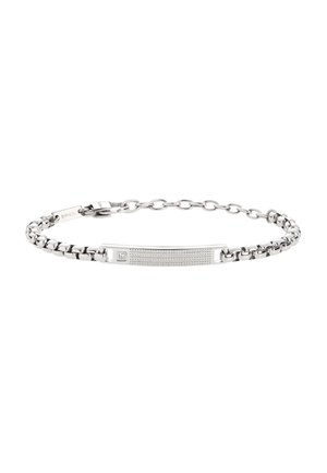 Silbernes Kettenarmband mit einer rechteckigen, texturierten Platte und kleinem Diamantdetail, gesichert mit einem Verschluss und verstellbaren Gliedern.