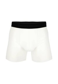 White boxer briefs with a black elastic waistband featuring the brand name "SWEDEMOUNT" subtly embossed. Smooth, stretchy fabric.