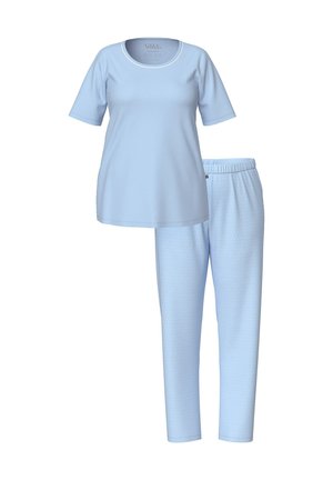 Vaaleansininen lyhythihainen toppi pyöreällä pääntiellä ja siihen sopivat vaaleansiniset joustovyötärölliset housut, joissa on hienovarainen pilkkukuosi.