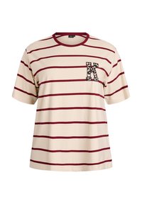 Cream striped t-shirt with burgundy horizontal lines, a round neck, and a leopard print "K" patch on the left chest pocket.