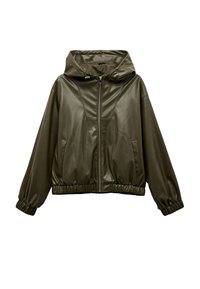 Veste à capuche en simili cuir vert olive avec fermeture éclair frontale, poignets et ourlet élastiques, et deux poches latérales.