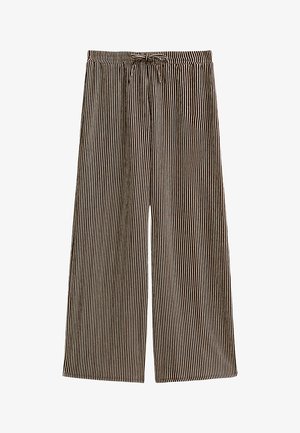 Pantalones de pierna ancha hechos de una tela suave, con cintura ajustable mediante cordón, con rayas verticales en marrón y crema, que ofrecen un ajuste relajado.