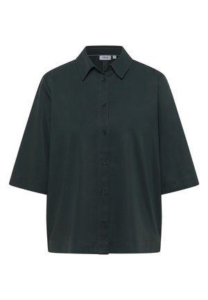 Tmavě zelená košile na krátký rukáv s klopovým límcem, předními knoflíky a volným, kvadratickým střihem.