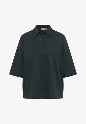 Camisa de manga corta de color verde oscuro con cuello puntiagudo, botones en la parte frontal y un ajuste holgado y cuadrado.