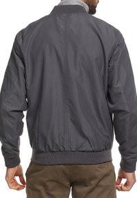 Grijze bomberjack met een geribbelde kraag en manchetten, vervaardigd uit een gladde, lichtgewicht stof en met een elastische zoom. De achterkant toont strakke lijnen en geen patronen.