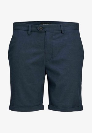 Granatowe spodenki wykonane z teksturowanej tkaniny, z zapięciem na guzik, dwoma przednimi kieszeniami oraz podwiniętymi mankietami na dole.