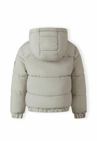Doudoune gris clair avec capuche, présentant des sections matelassées, des poignets élastiques et une taille cintrée. La vue arrière montre des détails de couture.
