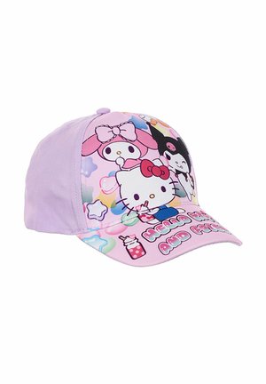 Light purple baseball cap with Hello Kitty and friends designs and colorful bubble and star patterns on front and brim.